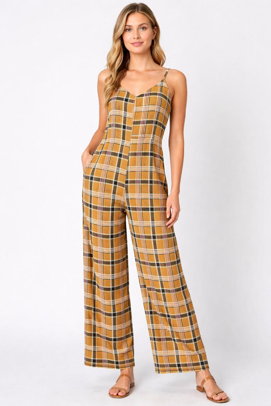 Easel Plaid Wide Leg Stretch‎ Jumpsuit Boho Mustard Small